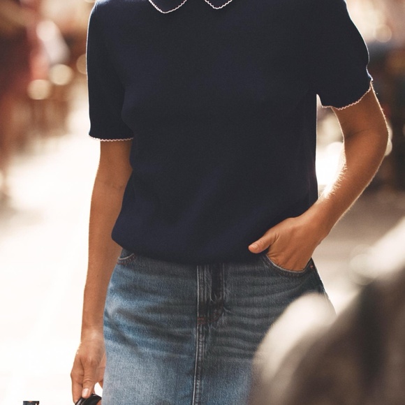 Zara Navy blue blouse with white trim - Picture 5 of 6